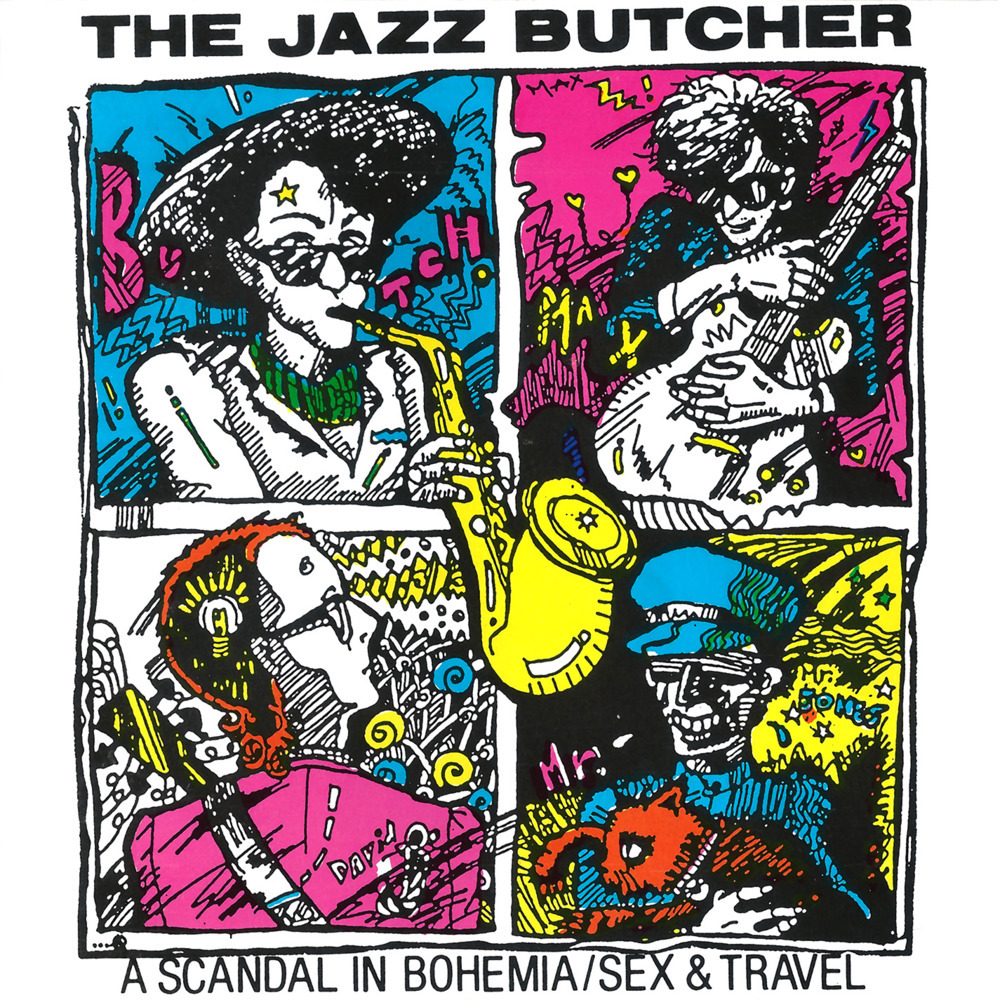 Colorful illustrated album cover with four panels of musicians, instruments, and abstract figures