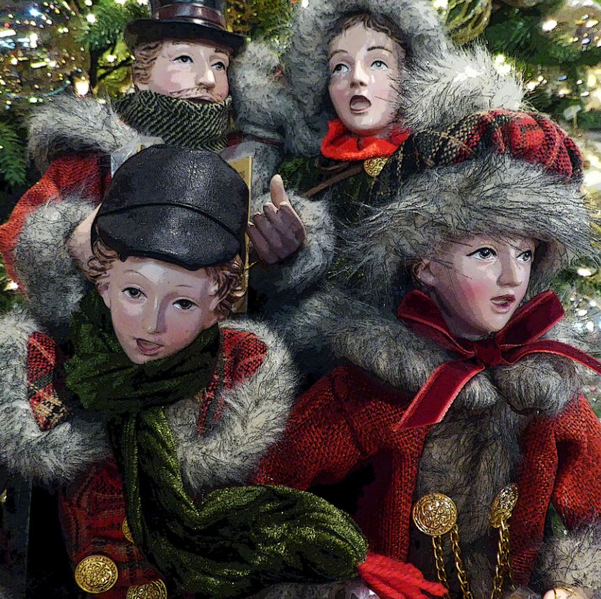 Painting of four children caroling in fur-trimmed winter clothes with festive greenery behind them