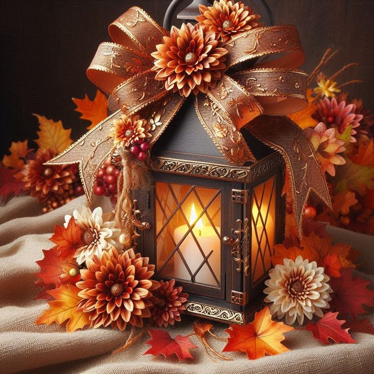 Black candle lantern with gold ribbon, orange chrysanthemums, and autumn leaves on beige fabric