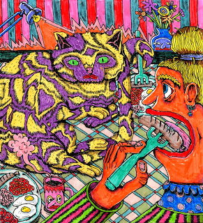 Colorful illustration of person dining with large purple striped cat in patterned interior