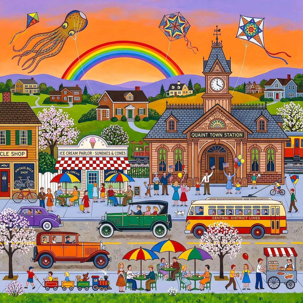Folk art scene of quaint town train station with rainbow, kites, vintage cars and bus, people in village square at sunset