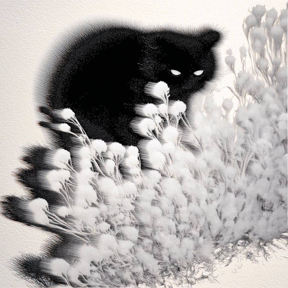 Black cat nestled among white flowers in a monochrome artwork