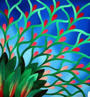 Colorful painting of a green plant with pink flower buds branching out against a blue background