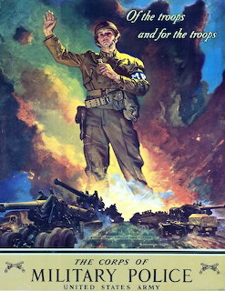 Illustrated military poster with a standing soldier, smoke, debris, and the words Military Police