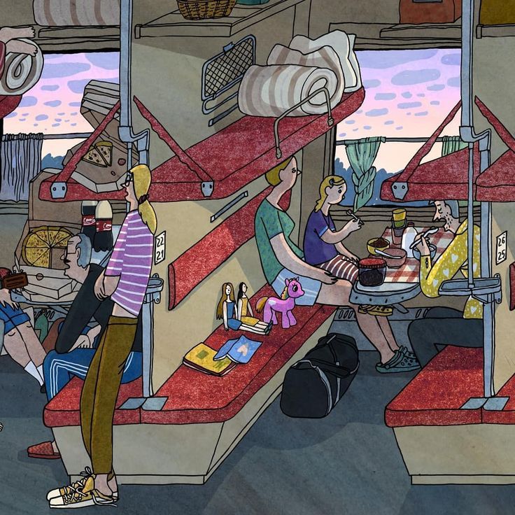 Cartoon illustration of passengers inside a train carriage with red seats and luggage