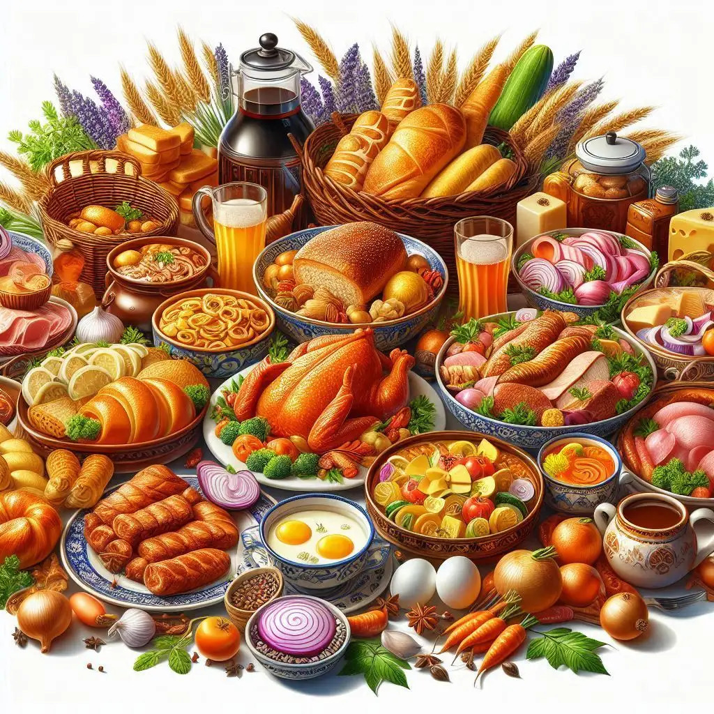 Colorful spread of Thanksgiving foods including roasted turkey, breads, pies, and vegetables on a festive table