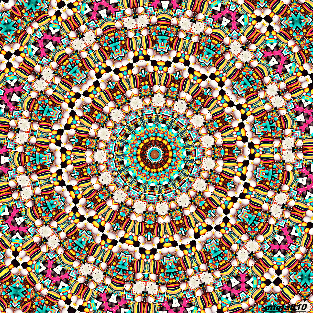 Detailed geometric mandala with vibrant turquoise, magenta, and orange patterns in radial symmetry