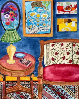 Vibrant painting of interior room with red velvet chair, ornate table, patterned rug, and decorative artwork on blue wall