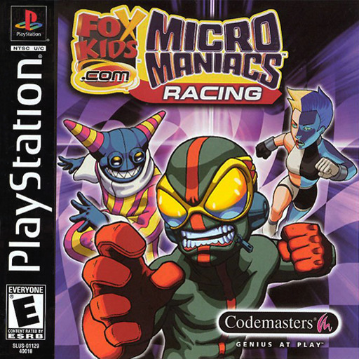 PS1 game cover for Micro Maniacs Racing showing cartoon characters with bold colors and action poses