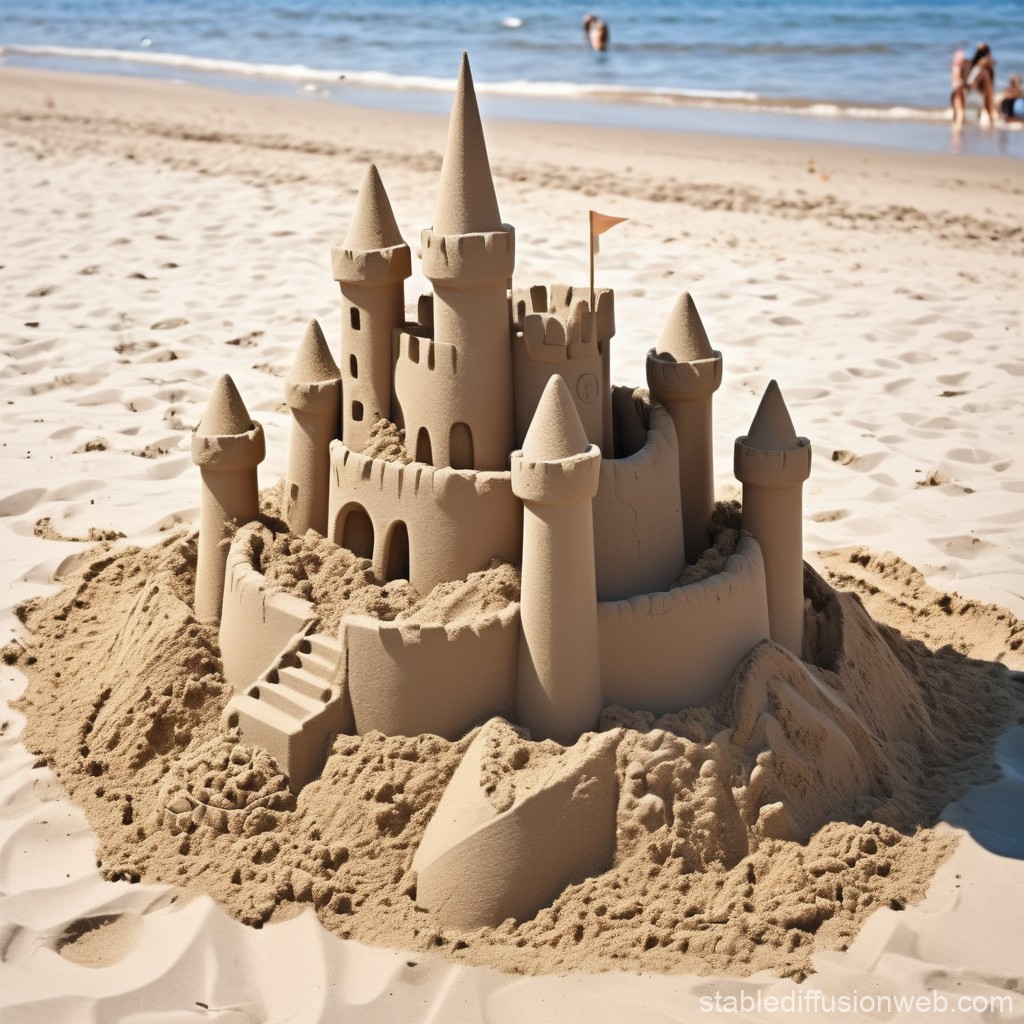 Detailed sandcastle built on a sandy beach with the sea in the background