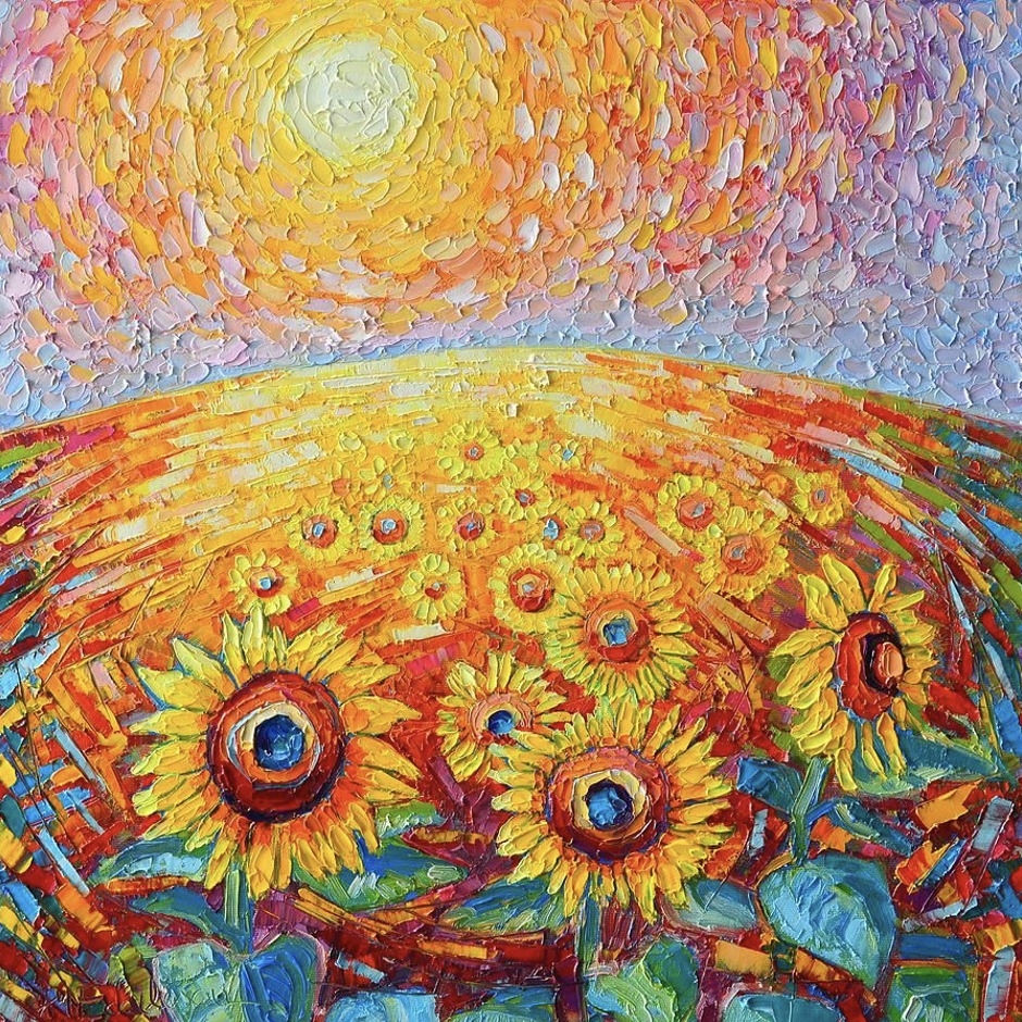 Impressionist painting of sunflowers in field with swirling sun above in warm colors