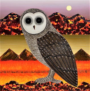 Illustrated owl with large eyes perched over colorful layered mountain landscape with sunset hues
