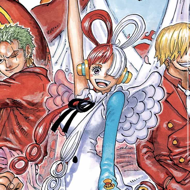 Anime art of Uta with white hair and wings between two male characters from One Piece