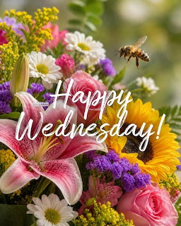 Colorful flower bouquet with a bee and Happy Wednesday text overlay