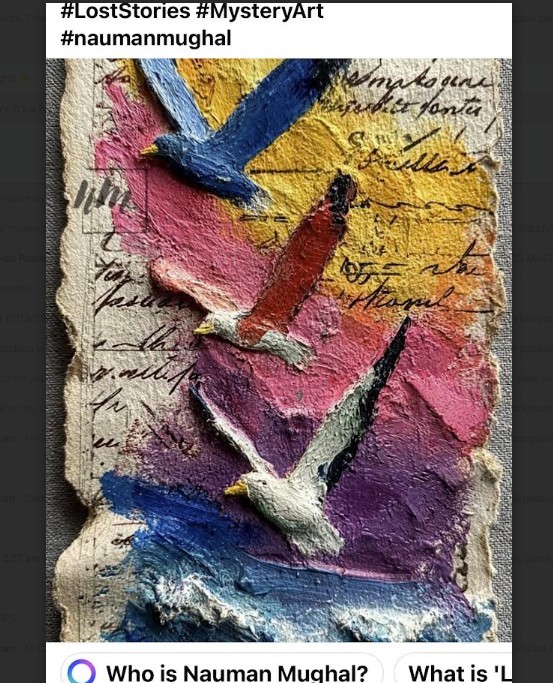 Textured mixed media artwork with seagulls flying over colorful layered paper with handwritten script