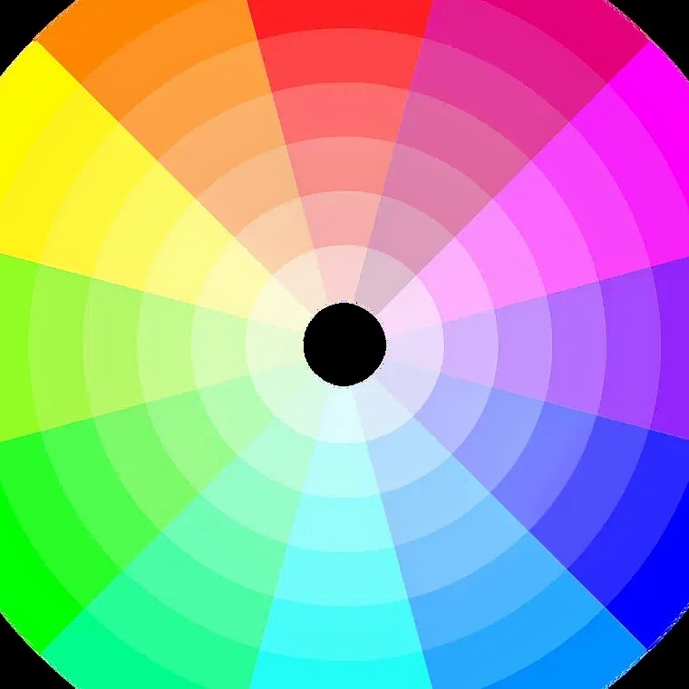 Circular color wheel with spectrum gradient radiating from black center through rainbow hues