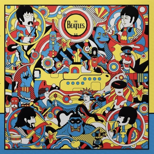 Colorful psychedelic Beatles Yellow Submarine illustration with band members and swirling patterns