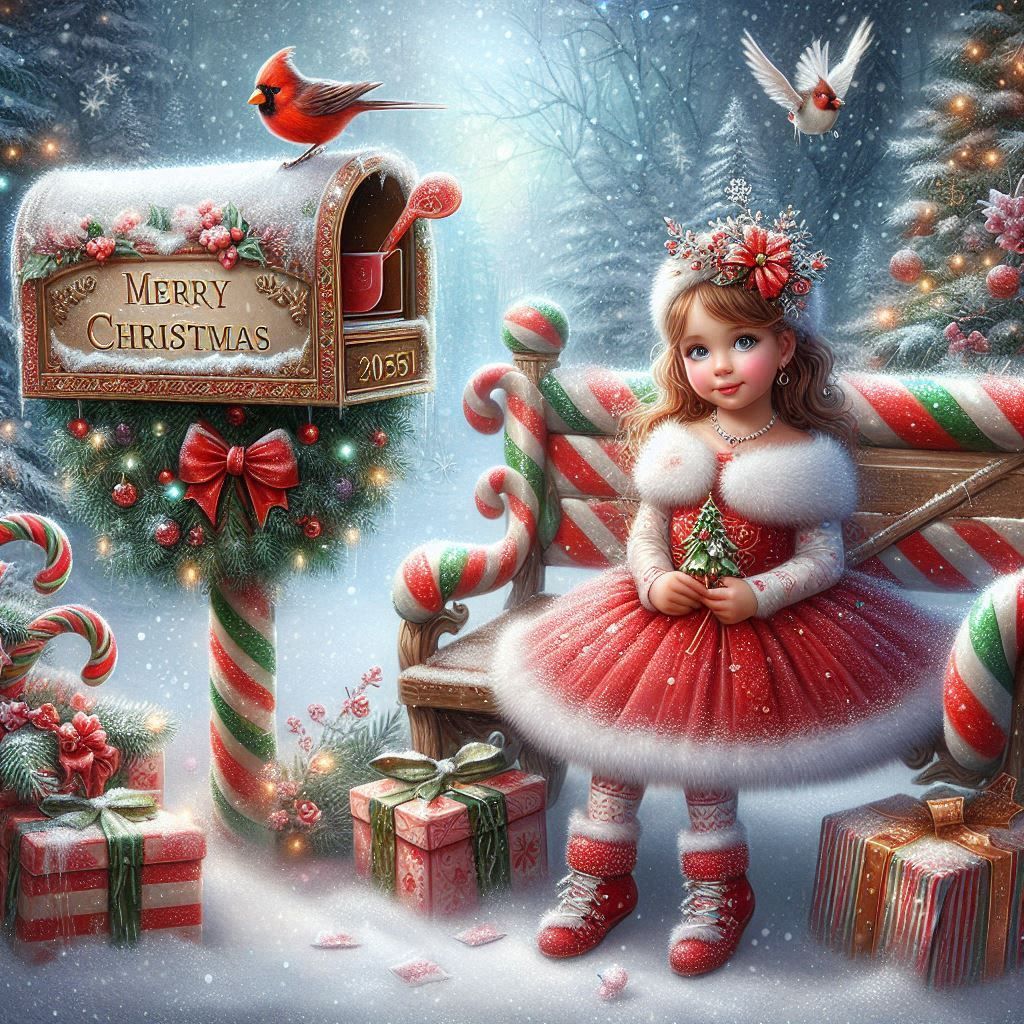 Girl in red Christmas outfit standing by festive mailbox with cardinal bird, gifts, and snowy trees