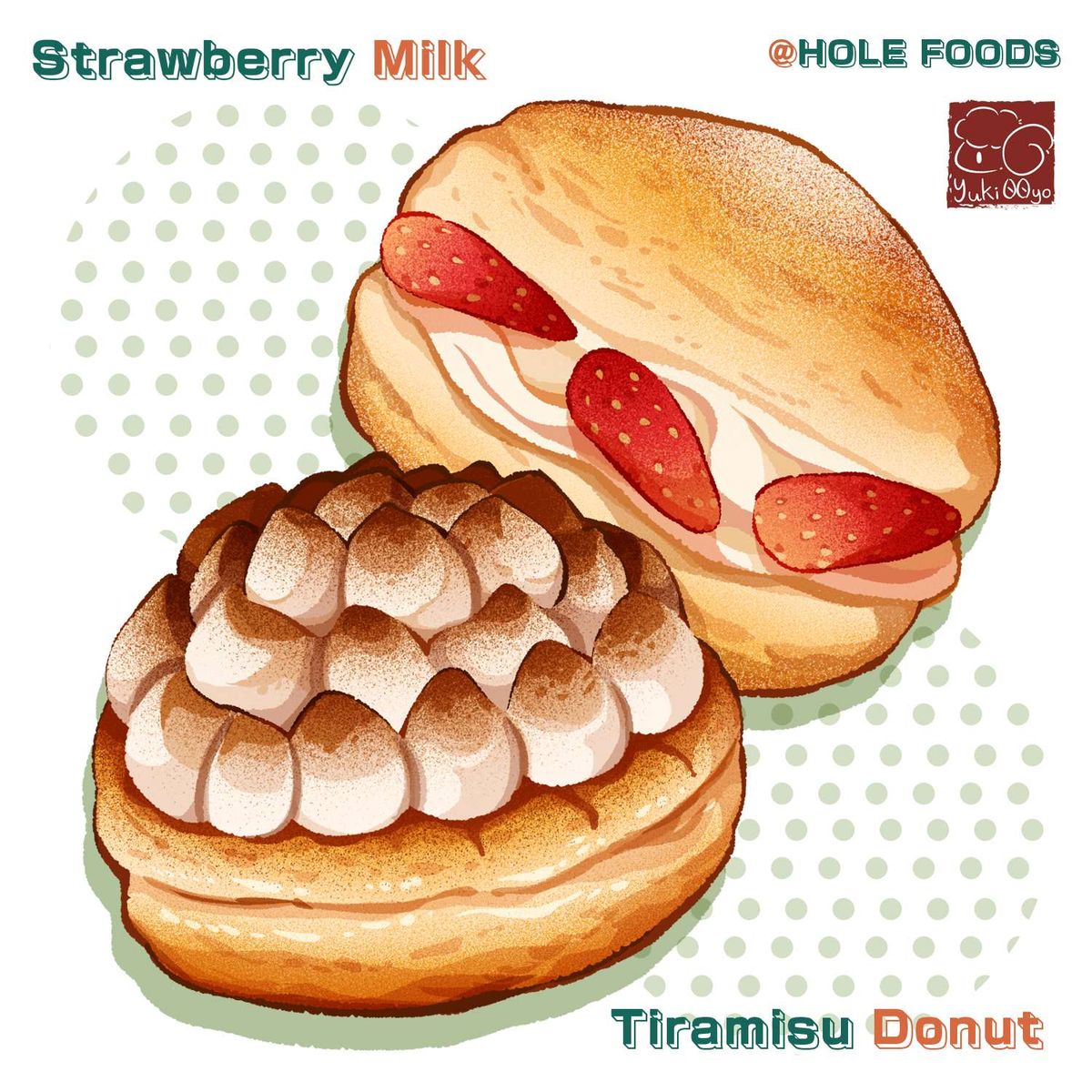 Illustration of a tiramisu donut and a cream-filled bun topped with sliced strawberries