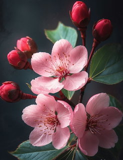 Pink cherry blossom flowers with red buds and green leaves on a dark background