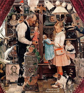 Crowded antique shop with people browsing shelves of vintage clocks, lamps, and decorative objects
