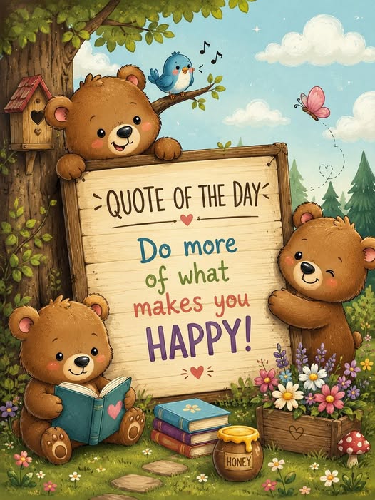 Three smiling cartoon teddy bears in a forest garden holding a wooden sign reading 'Do more of what makes you happy'