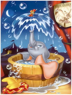 Disney Dumbo elephant bathing in a wooden tub with Timothy Mouse and bubles in a circus setting