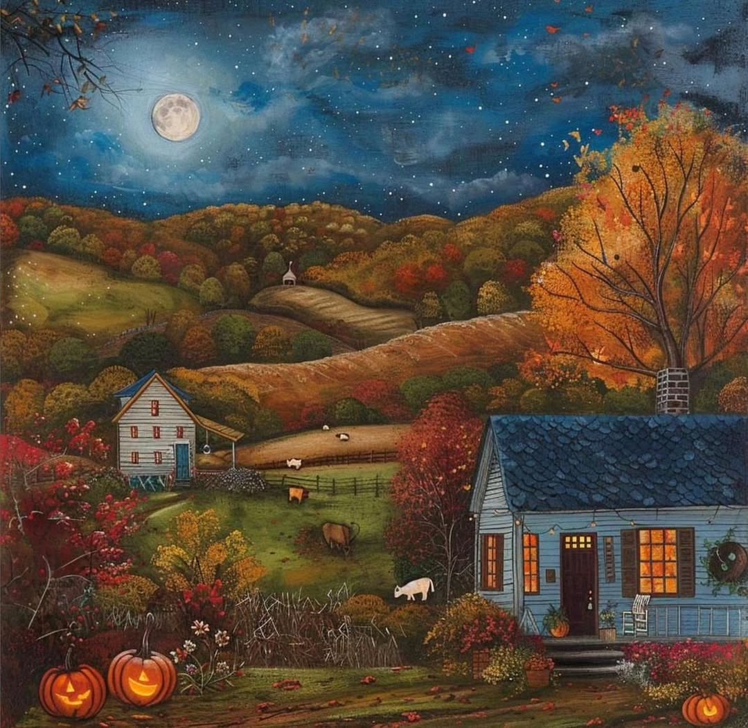 Halloween scene with pumpkins, farmhouses, autumn trees, and full moon over rolling hills at night