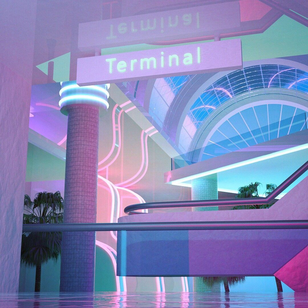 Pastel neon airport terminal interior with escalator, arches, and palm silhouettes