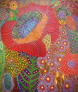 Colorful Aboriginal dot art painting with swirling patterns, flowers, and organic shapes in vivid colors