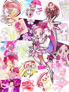 Colorful collage of Cure Blossom from HeartCatch Precure in various anime art styles and poses