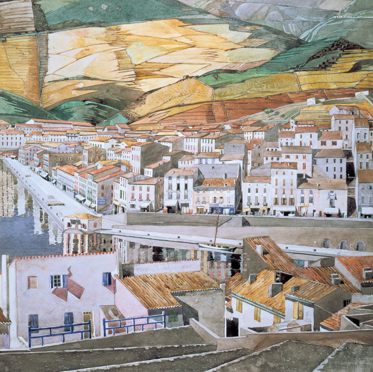 Watercolor of Port Vendres showing white Mediterranean buildings with orange roofs under colorful sky