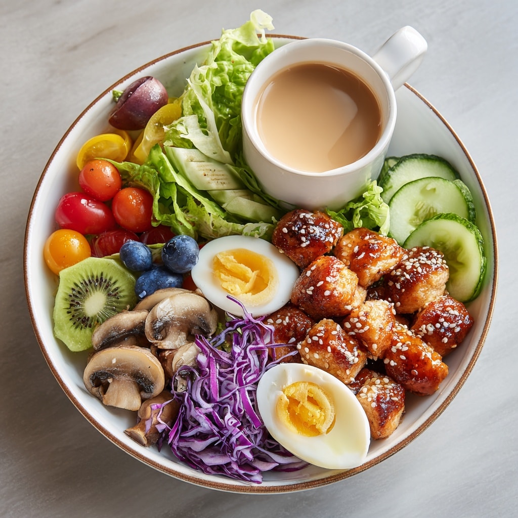Overhead view of a healthy buddha bowl with colorful vegetables, eggs, chicken, and fruit arranged in sections