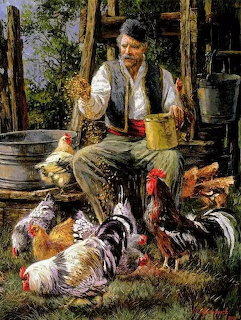 Man in vest feeding chickens and roosters in rustic backyard with wooden barrels