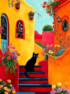 Black cat on colorful striped stairs with flowers and bright yellow and orange walls