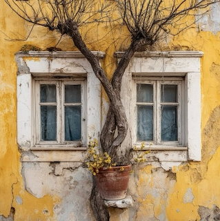 Two old windows on a peeling yellow wall with a bare tree growing from a pot between them
