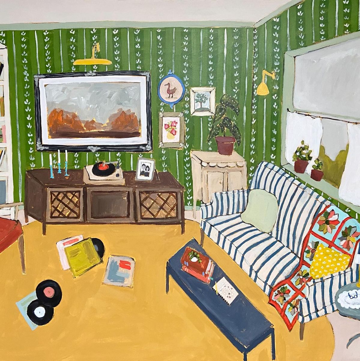 Illustrated music room with green walls, striped couch, aquarium on console, vinyl records on yellow floor
