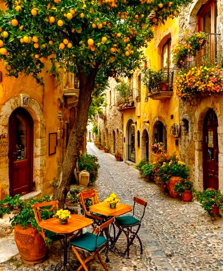 Picturesque Italian alley with lemon tree, cafe table, potted flowers and yellow stone buildings