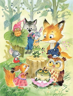 Whimsical watercolor of forest animals gathered around a wooden stump