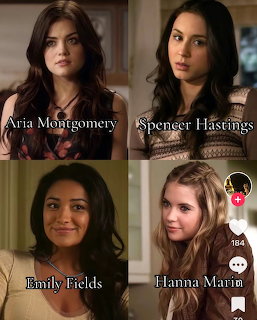 Four-panel collage showing Pretty Little Liars characters Aria, Spencer, Emily, and Hanna with name labels