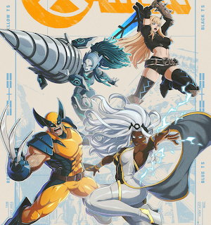 Colorful illustration of X-Men characters Wolverine, Storm, Colossus and others in dynamic action poses