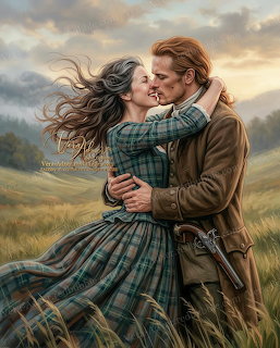 Couple in historical Scottish dress embracing in Highland landscape at sunset