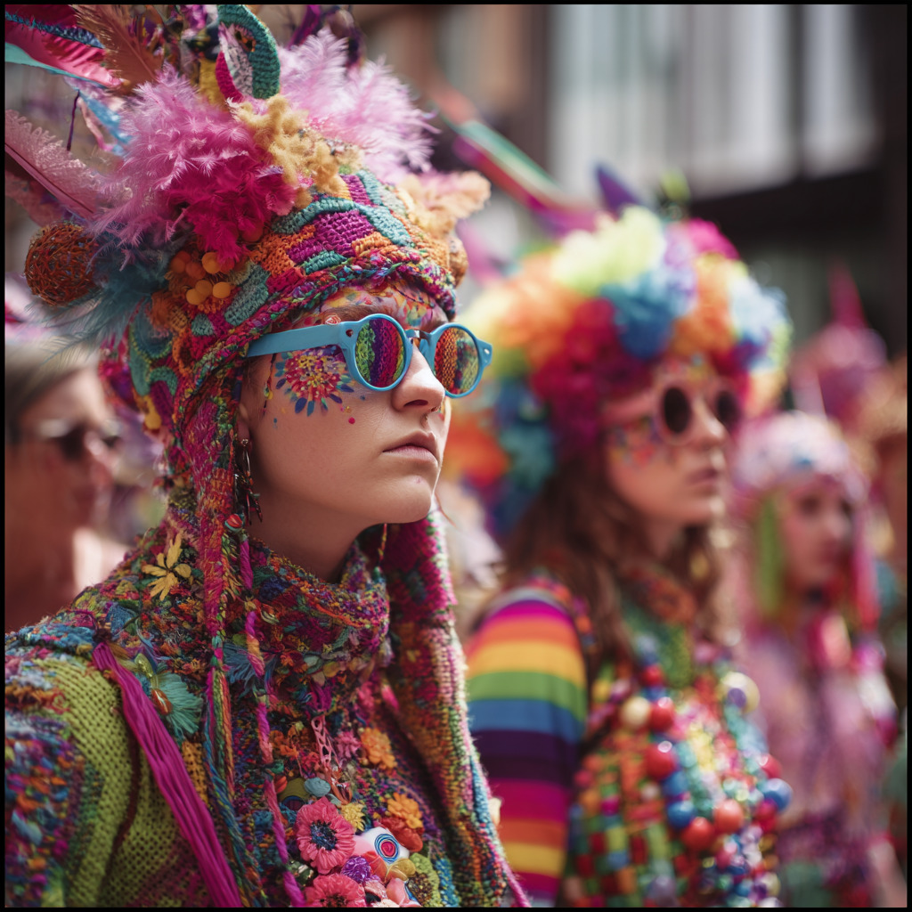 People wearing colorful parade costumes with face paint, feathers, and sunglasses
