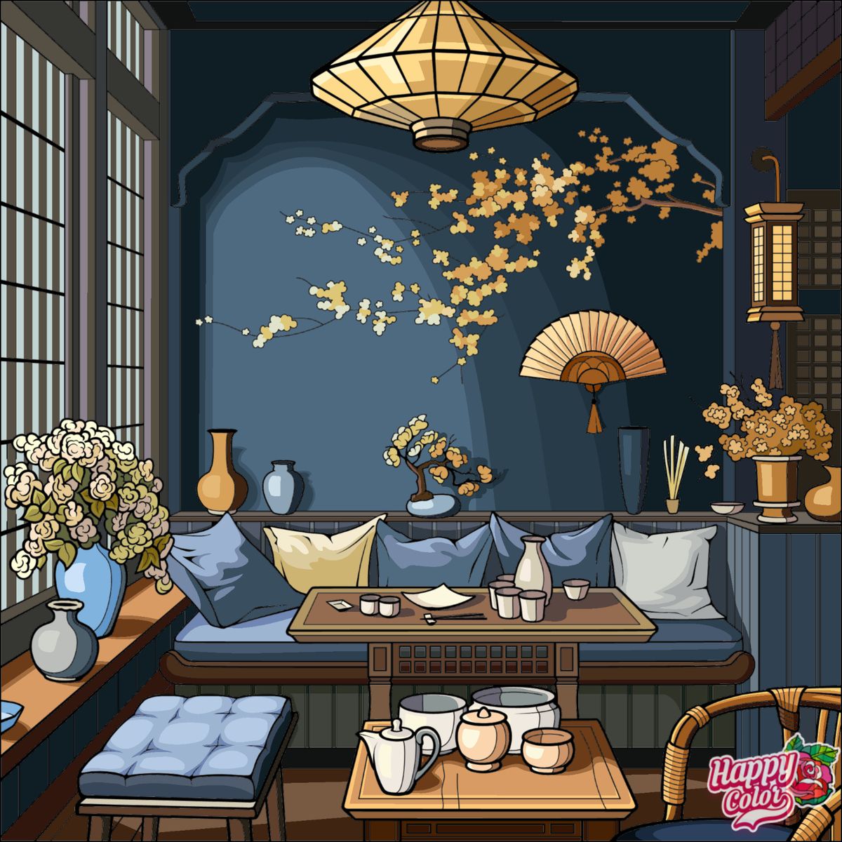 Living room with blue walls, Asian decor, wooden table, cushioned seating, and decorative lighting
