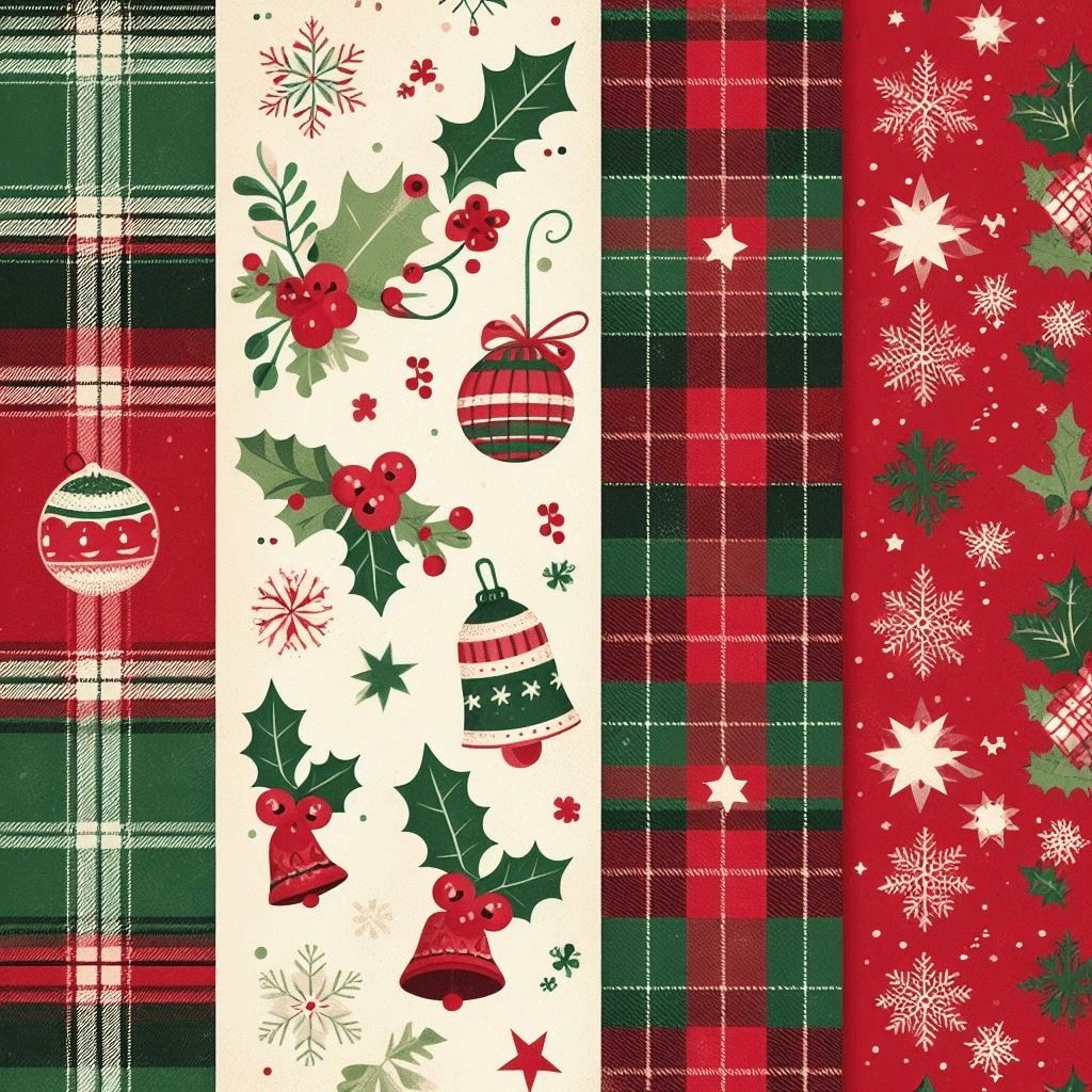 Four vertical panels with Christmas plaid patterns, ornaments, holly, bells, and snowflakes in red, green, and cream