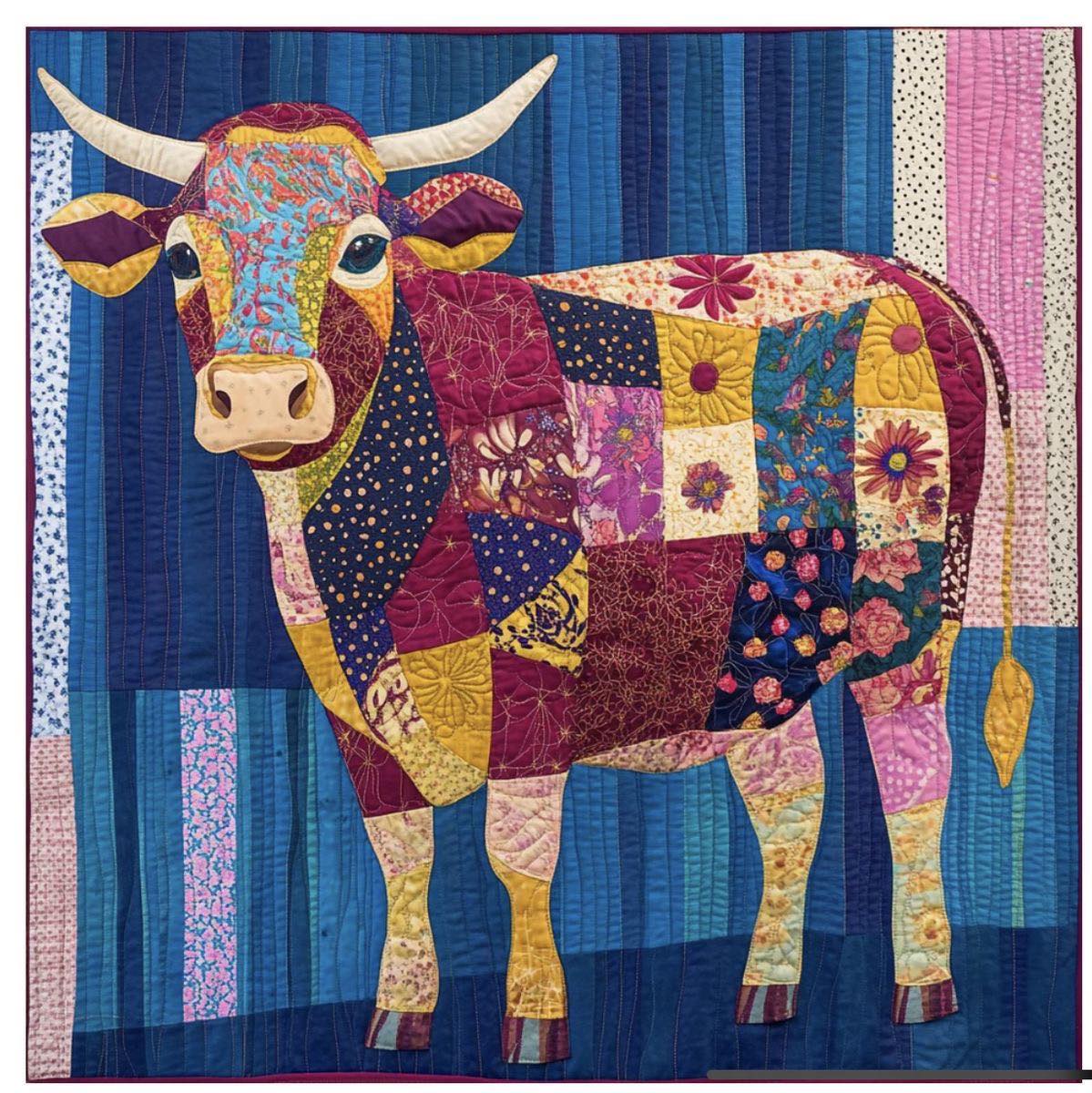 Decorative cow illustration covered in colorful patchwork quilt squares with floral and geometric patterns on blue striped background