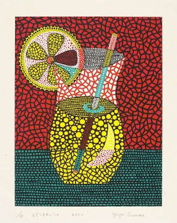 Yayoi Kusama dot pattern print with figure in yellow and red against teal base