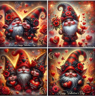 Four-panel illustration of Valentine gnomes with hearts, roses, and festive red and gold tones