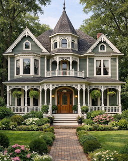 Grand Victorian mansion with turret, white exterior, ornate trim, wraparound porch, and landscaped front yard