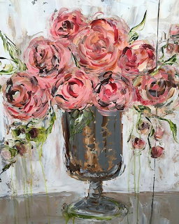 Impressionist painting of pink roses in bronze vase with textured dripping background